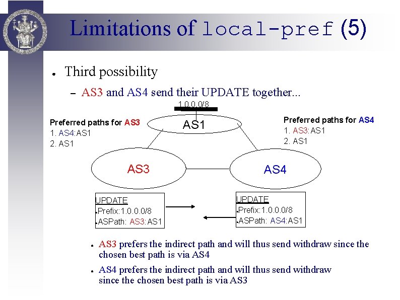 Limitations of local-pref (5) ● Third possibility – AS 3 and AS 4 send
