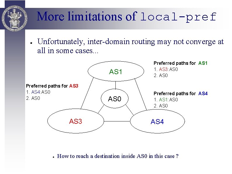 More limitations of local-pref ● Unfortunately, inter-domain routing may not converge at all in