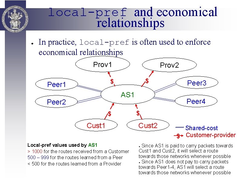local-pref and economical relationships ● In practice, local-pref is often used to enforce economical