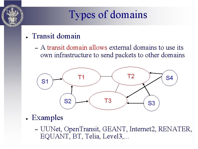 Types of domains ● Transit domain – A transit domain allows external domains to