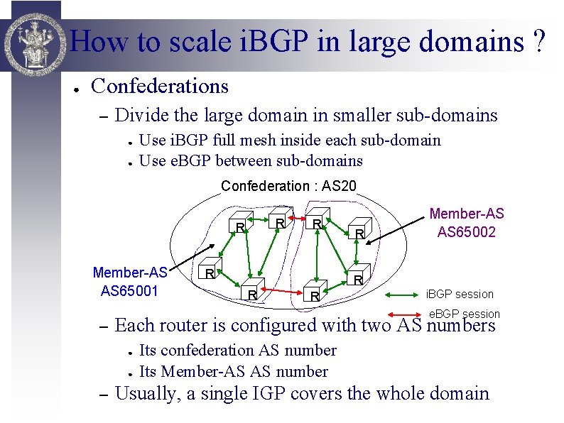 How to scale i. BGP in large domains ? ● Confederations – Divide the