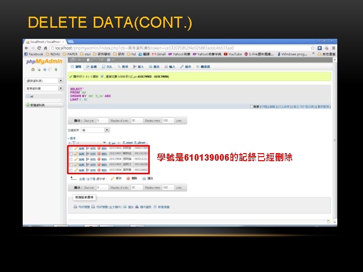 DELETE DATA(CONT. ) 學號是 610139006的記錄已經刪除 