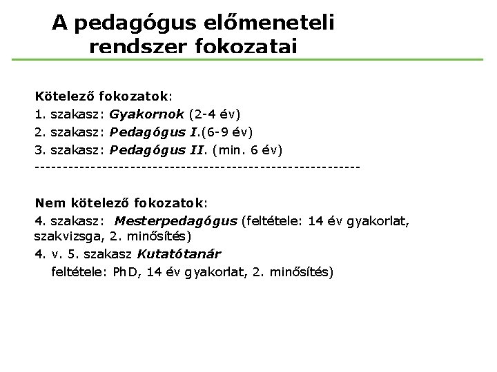 A pedagógus előmeneteli rendszer fokozatai Kötelező fokozatok: 1. szakasz: Gyakornok (2 -4 év) 2.