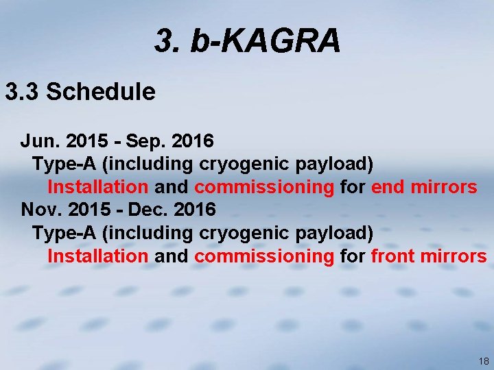 3. b-KAGRA 3. 3 Schedule Jun. 2015 - Sep. 2016 Type-A (including cryogenic payload)