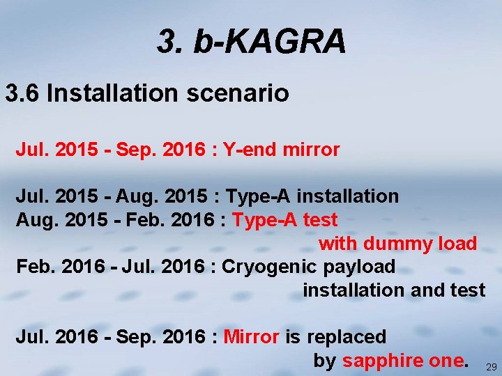 3. b-KAGRA 3. 6 Installation scenario Jul. 2015 - Sep. 2016 : Y-end mirror