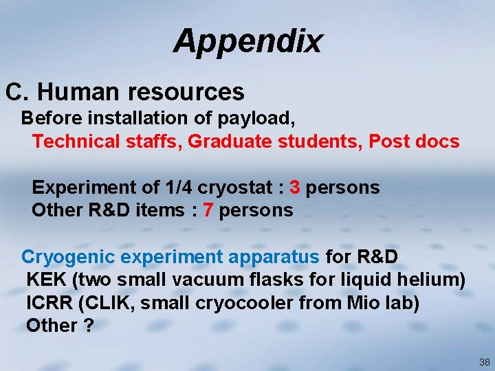 Appendix C. Human resources Before installation of payload, Technical staffs, Graduate students, Post docs