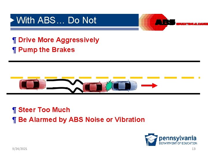 With ABS… Do Not ¶ Drive More Aggressively ¶ Pump the Brakes ¶ Steer