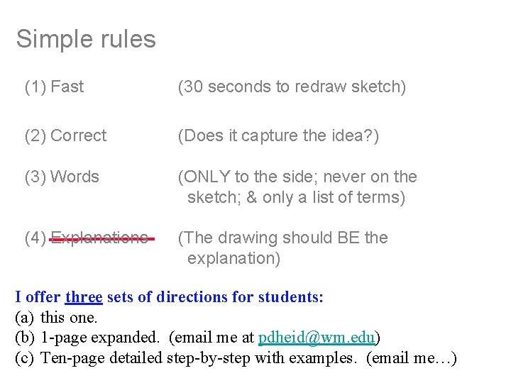 Simple rules (1) Fast (30 seconds to redraw sketch) (2) Correct (Does it capture