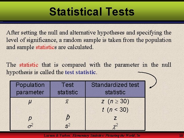 Statistical Tests After setting the null and alternative hypotheses and specifying the level of