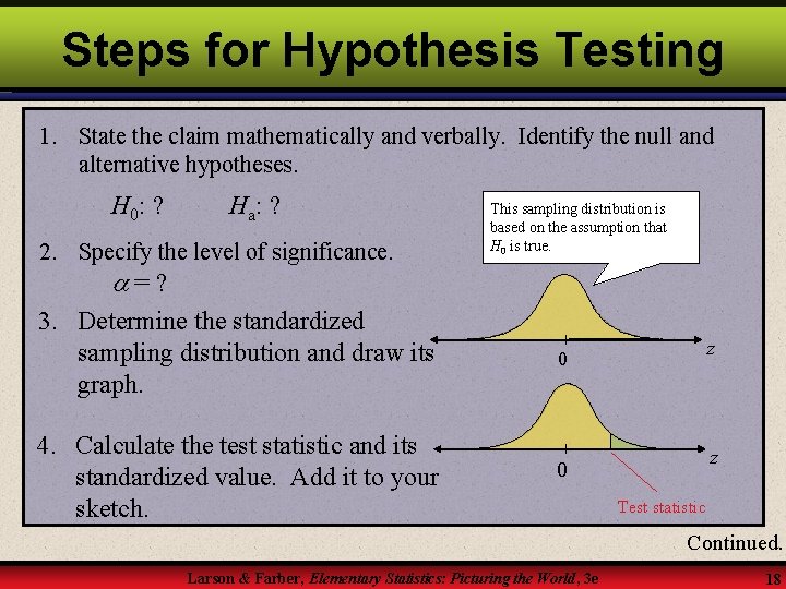 Steps for Hypothesis Testing 1. State the claim mathematically and verbally. Identify the null