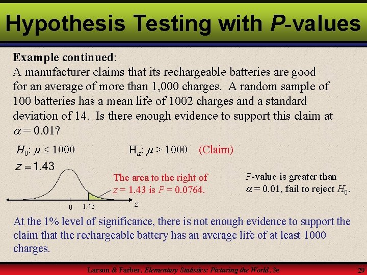 Hypothesis Testing with P-values Example continued: A manufacturer claims that its rechargeable batteries are