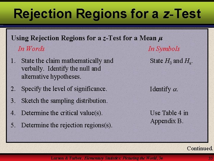 Rejection Regions for a z-Test Using Rejection Regions for a z-Test for a Mean