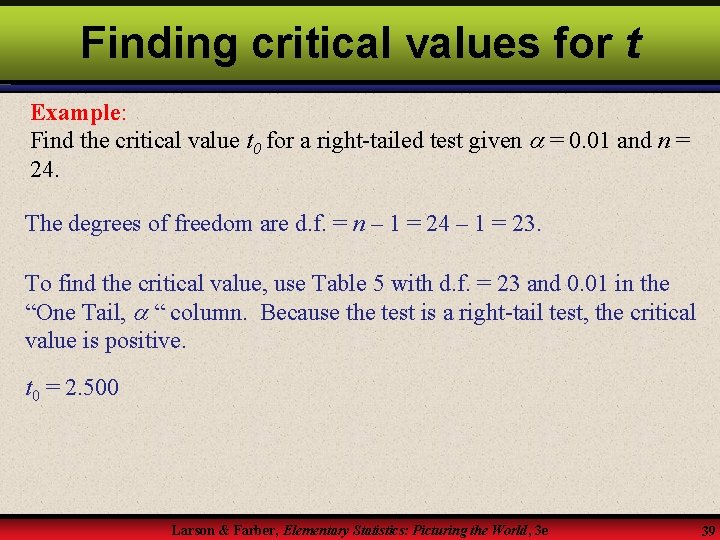 Finding critical values for t Example: Find the critical value t 0 for a