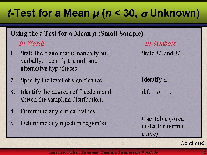 t-Test for a Mean μ (n < 30, Unknown) Using the t-Test for a