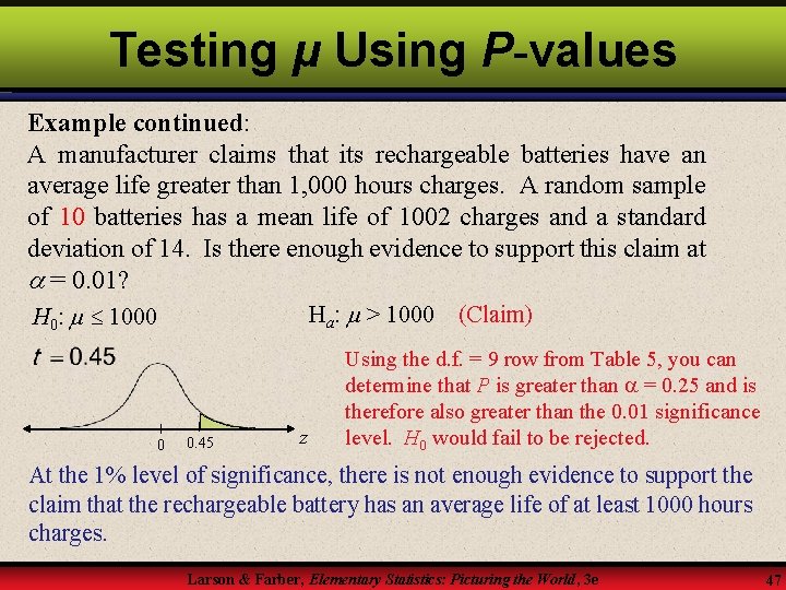 Testing μ Using P-values Example continued: A manufacturer claims that its rechargeable batteries have