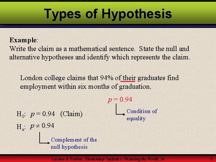 Types of Hypothesis Example: Write the claim as a mathematical sentence. State the null
