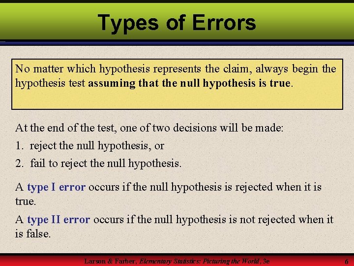 Types of Errors No matter which hypothesis represents the claim, always begin the hypothesis