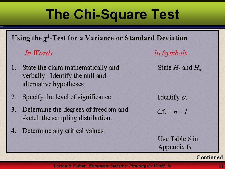 The Chi-Square Test Using the χ2 -Test for a Variance or Standard Deviation In