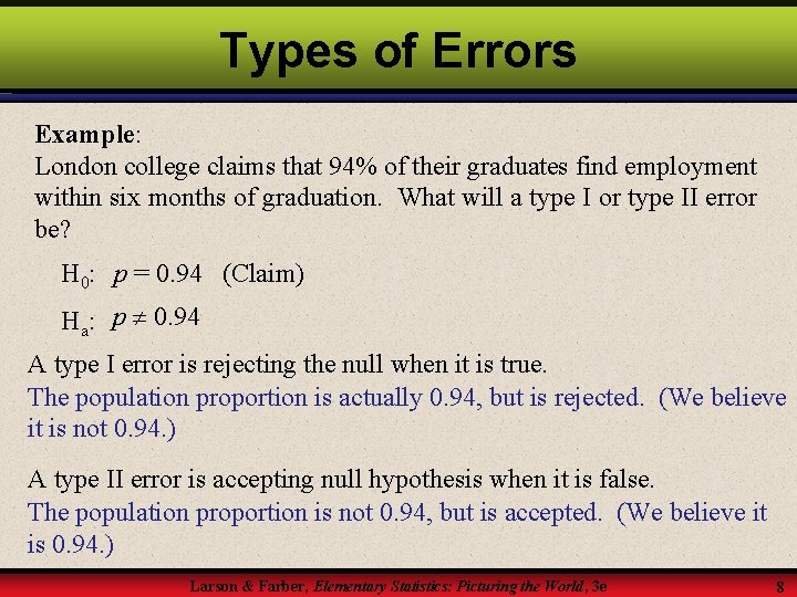 Types of Errors Example: London college claims that 94% of their graduates find employment