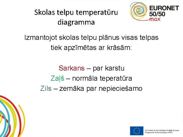 Skolas telpu temperatūru diagramma Izmantojot skolas telpu plānus visas telpas tiek apzīmētas ar krāsām: