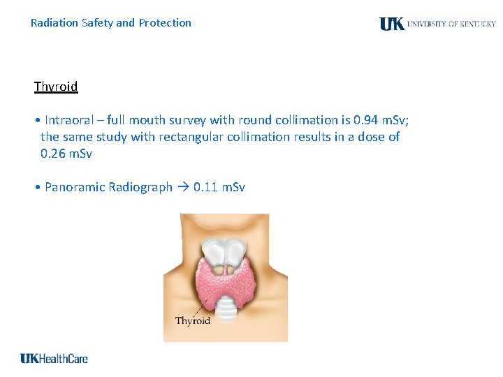 Radiation Safety and Protection Thyroid • Intraoral – full mouth survey with round collimation