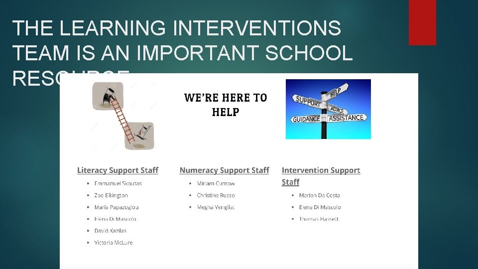 THE LEARNING INTERVENTIONS TEAM IS AN IMPORTANT SCHOOL RESOURCE 