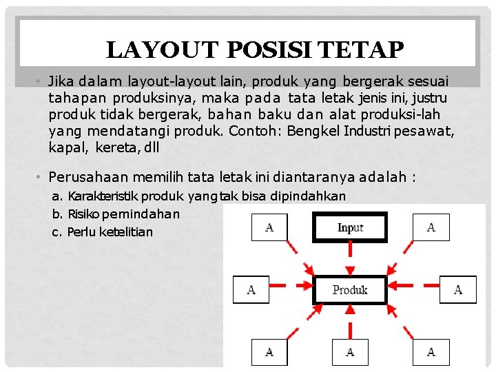 LAYOUT POSISI TETAP • Jika dalam layout-layout lain, produk yang bergerak sesuai tahapan produksinya,
