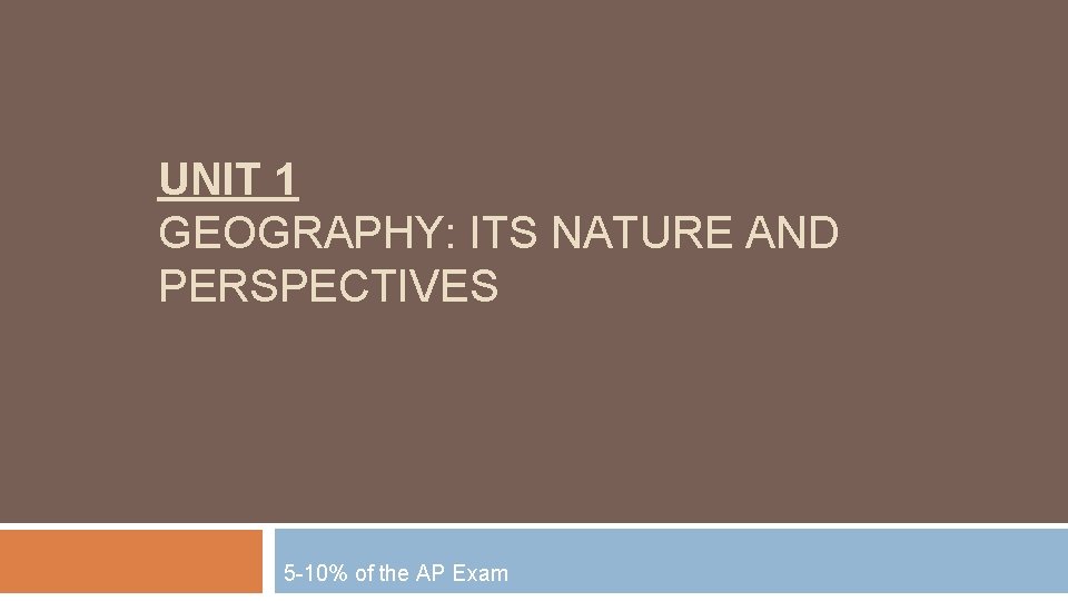 UNIT 1 GEOGRAPHY: ITS NATURE AND PERSPECTIVES 5 -10% of the AP Exam 