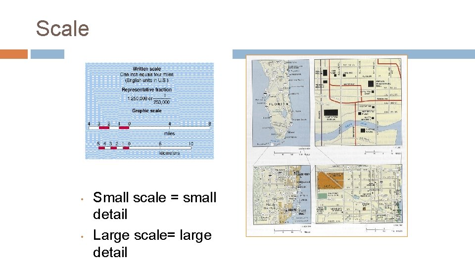 Scale • • Small scale = small detail Large scale= large detail 