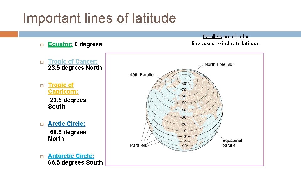 Important lines of latitude Equator: Equator 0 degrees Tropic of Cancer: 23. 5 degrees