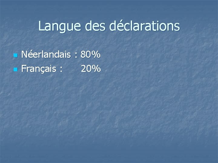 Langue des déclarations n n Néerlandais : 80% Français : 20% 