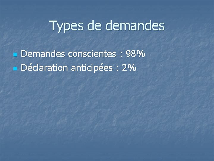 Types de demandes n n Demandes conscientes : 98% Déclaration anticipées : 2% 