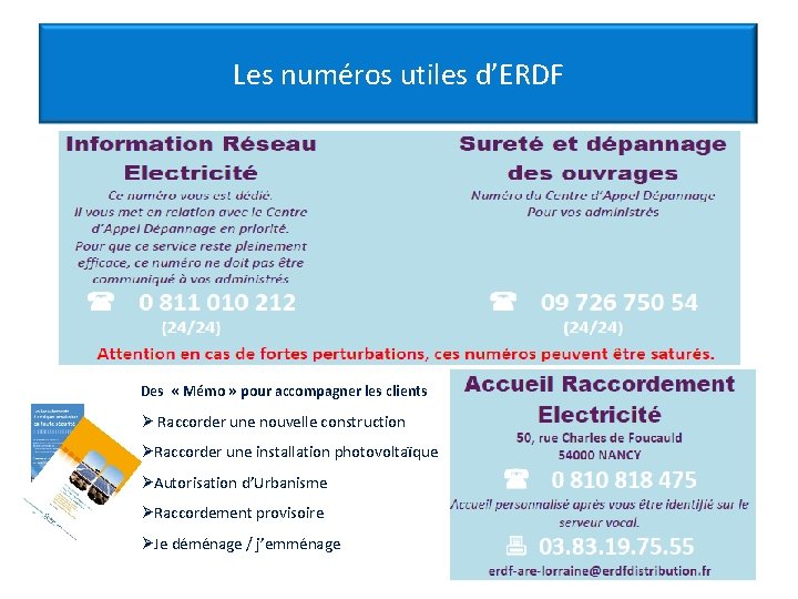Les numéros utiles d’ERDF Des « Mémo » pour accompagner les clients Ø Raccorder