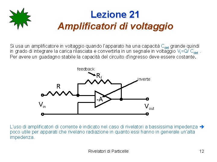 Lezione 21 Amplificatori di voltaggio Si usa un amplificatore in voltaggio quando l’apparato ha