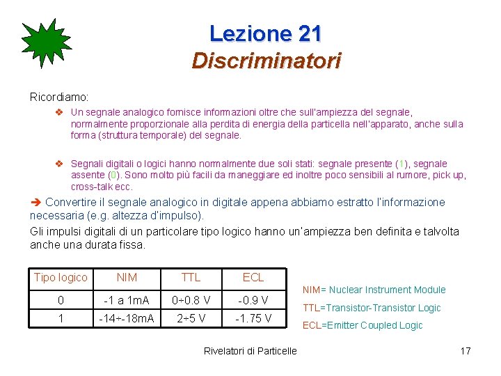 Lezione 21 Discriminatori Ricordiamo: v Un segnale analogico fornisce informazioni oltre che sull’ampiezza del