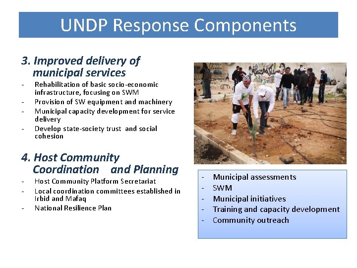 UNDP Response Components 3. Improved delivery of municipal services - Rehabilitation of basic socio-economic