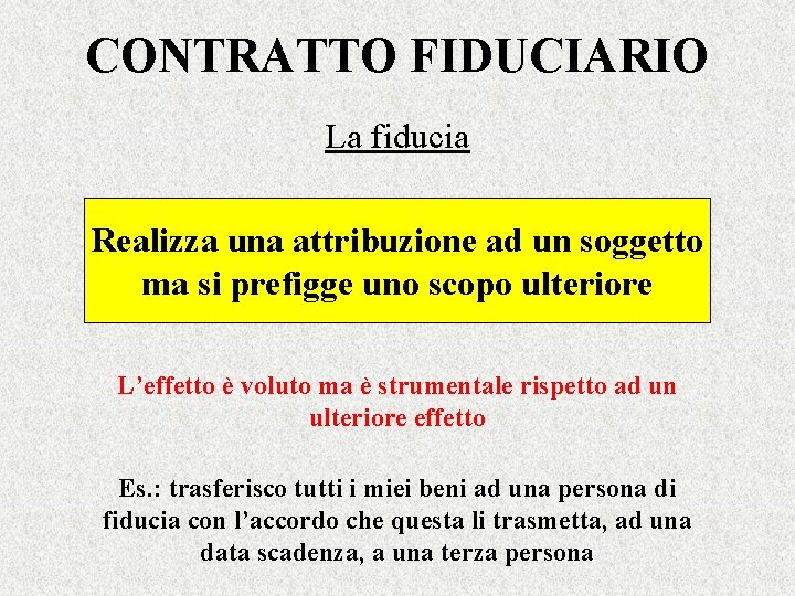 CONTRATTO FIDUCIARIO La fiducia Realizza una attribuzione ad un soggetto ma si prefigge uno