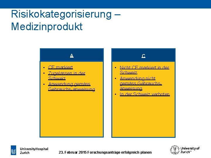 Risikokategorisierung – Medizinprodukt A • CE markiert • Zugelassen in der Schweiz • Anwendung