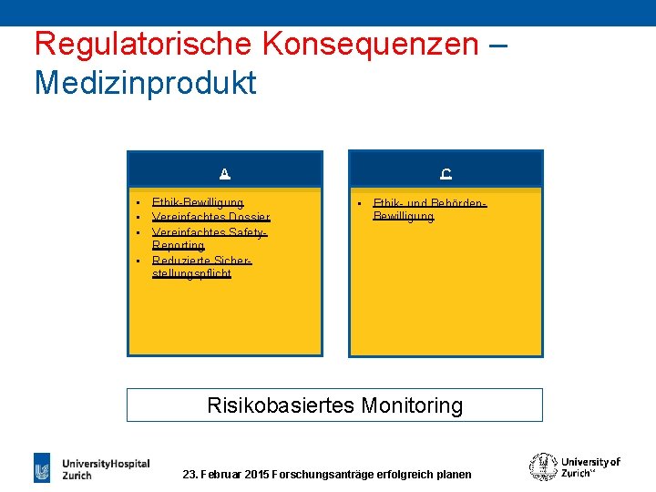 Regulatorische Konsequenzen – Medizinprodukt A • Ethik-Bewilligung • Vereinfachtes Dossier • Vereinfachtes Safety. Reporting