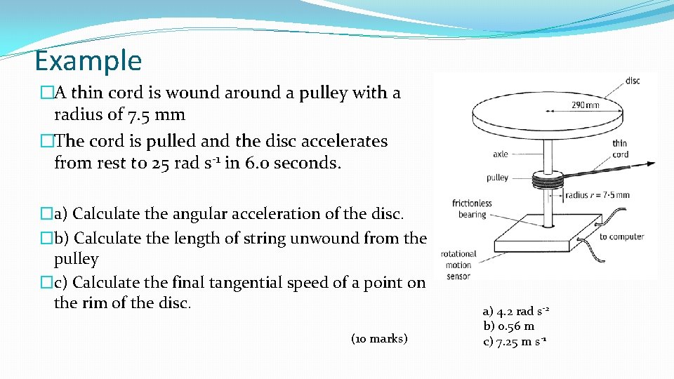 Example �A thin cord is wound around a pulley with a radius of 7.
