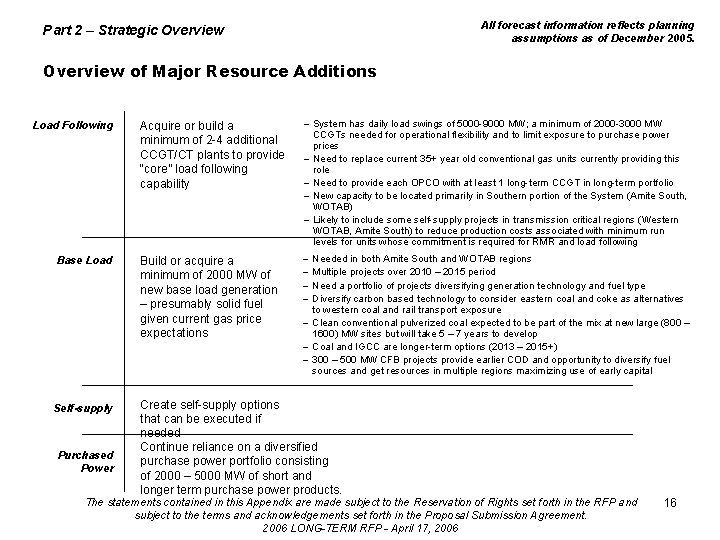 All forecast information reflects planning assumptions as of December 2005. Part 2 – Strategic