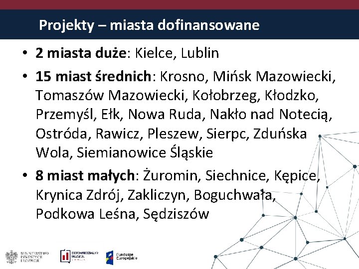 Projekty – miasta dofinansowane • 2 miasta duże: Kielce, Lublin • 15 miast średnich: