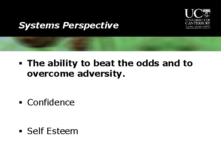 Systems Perspective § The ability to beat the odds and to overcome adversity. §