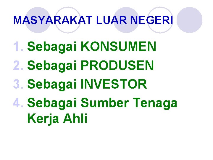 MASYARAKAT LUAR NEGERI 1. Sebagai KONSUMEN 2. Sebagai PRODUSEN 3. Sebagai INVESTOR 4. Sebagai