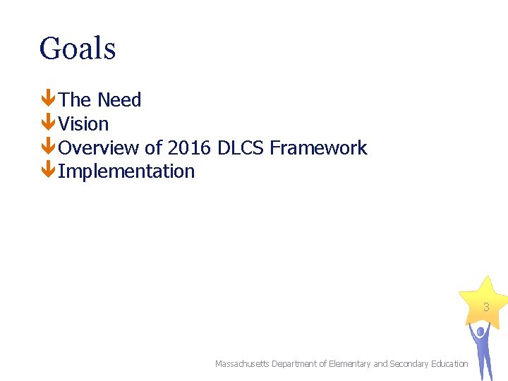 Goals The Need Vision Overview of 2016 DLCS Framework Implementation 3 Massachusetts Department of