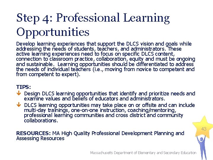 Step 4: Professional Learning Opportunities Develop learning experiences that support the DLCS vision and