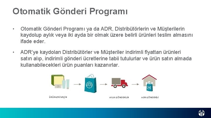 Otomatik Gönderi Programı • Otomatik Gönderi Programı ya da ADR, Distribütörlerin ve Müşterilerin kaydolup