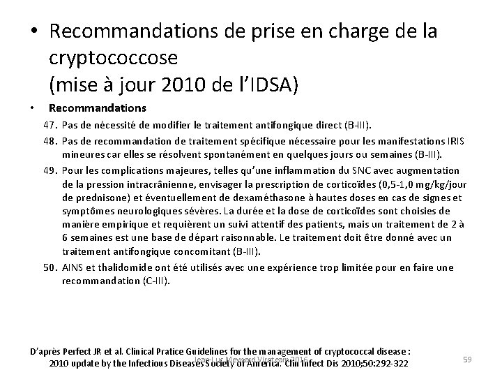  • Recommandations de prise en charge de la cryptococcose (mise à jour 2010