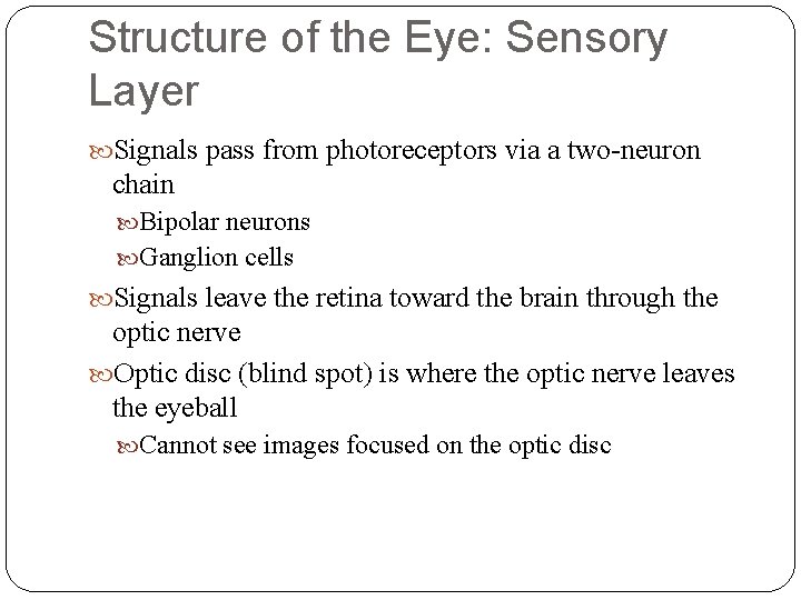 Structure of the Eye: Sensory Layer Signals pass from photoreceptors via a two-neuron chain
