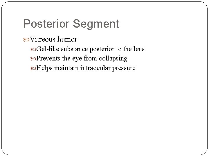 Posterior Segment Vitreous humor Gel-like substance posterior to the lens Prevents the eye from